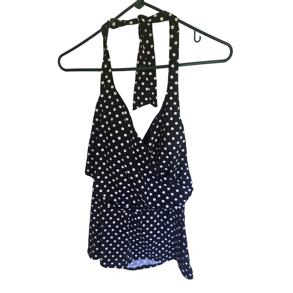 Lands End Polka Dot Halter Tankini Top Black White Wrap Front Size 14
